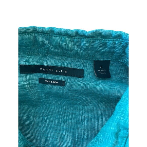 Perry Ellis Men’s 100% Linen Short‎ Sleeve Button Shirt Teal XL Casual Summer - Picture 8 of 8